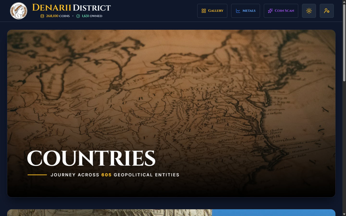 The Denarii District Hub — live warehouse telemetry counters (268,100 coins across 605 geopolitical entities) and interactive navigation